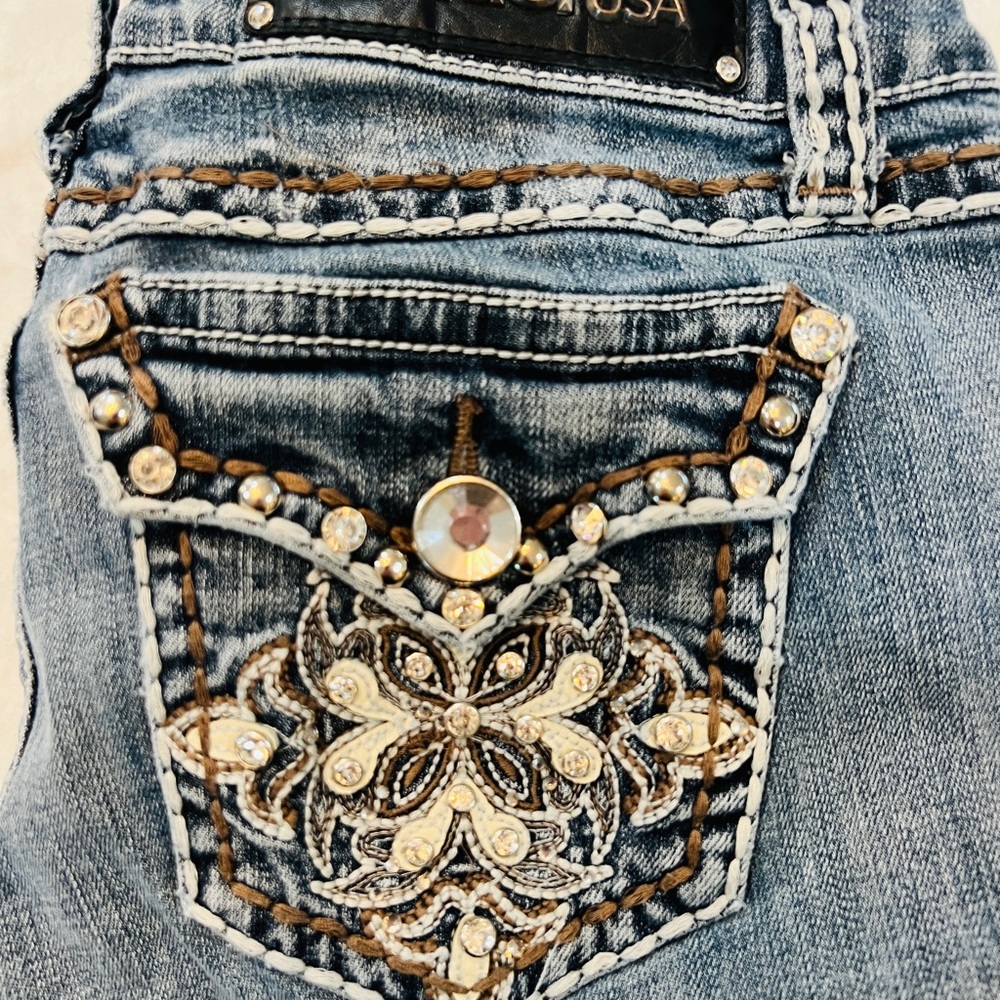 L.A. Idol Jeans LONG with Leather and Crystal Embellished Pockets size 9 (31/34)